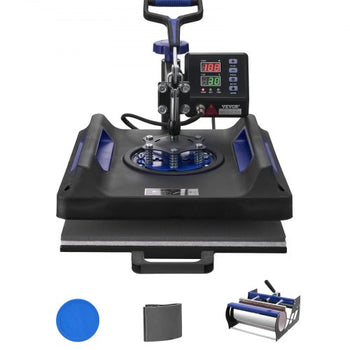 Heat Press Machine, 15 x 15 inch, 5 in 1 Heat Transfer Machine with 30 oz Tumbler Press, 360° Swing Away Digital T-Shirt Pressing, Teflon Coating, for T-Shirts/Mugs/Hats/Plates, Black+Blue