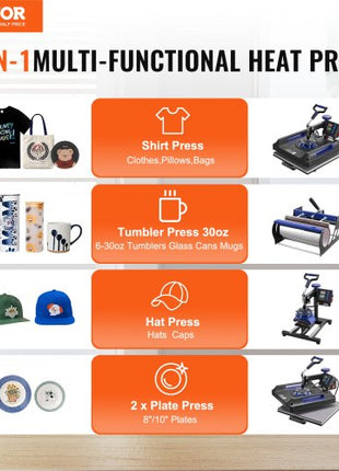 Heat Press Machine, 15 x 15 inch, 8 in 1 Heat Transfer Machine with 30 oz Tumbler Press, 360° Swing Away Digital T-Shirt Pressing, Teflon Coating, for T-Shirts/Mugs/Hats/Plates, Black+Blue