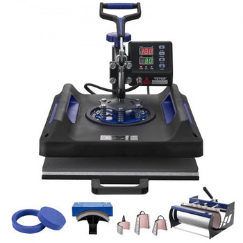 Heat Press Machine, 15 x 15 inch, 8 in 1 Heat Transfer Machine with 30 oz Tumbler Press, 360° Swing Away Digital T-Shirt Pressing, Teflon Coating, for T-Shirts/Mugs/Hats/Plates, Black+Blue
