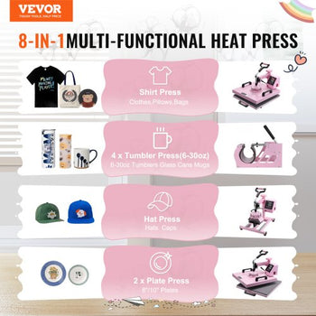 Heat Press Machine, 15 x 15 inch, 8 in 1 Heat Transfer Machine with 6-30 oz Tumbler Press, 360° Swing Away T-Shirt Pressing, Digital Precise Control, for T-Shirts/Mugs/Hats/Plates, Pink