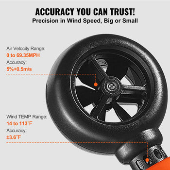 Black handheld anemometer with clear display, measuring air velocity up to 69.35 MPH and wind temperature from 14 to 113°F.