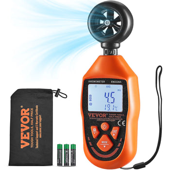 Orange VEVOR anemometer with digital display, battery-operated, measuring air speed and temperature, includes carry pouch.