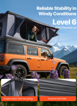 Rooftop Tent Hard Shell, 2-3 Person Aluminum Roof Top Tent Hardshell with Tri-Color LED Light, Thick Mattress & 2 Windows, Waterproof Windproof Overland Camping Car Roof Rack for Jeep SUV Pickup