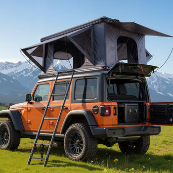 Rooftop Tent Hard Shell, 2-3 Person Aluminum Roof Top Tent Hardshell with Tri-Color LED Light, Thick Mattress & 2 Windows, Waterproof Windproof Overland Camping Car Roof Rack for Jeep SUV Pickup