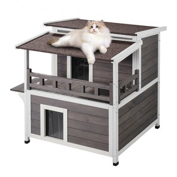 Outdoor Cat House Weatherproof, Feral Cat Shelter for Multiple Cats, 2-story Large Outdoor Wooden Cat House with Balcony, Doors, PVC Door Flaps and Open Roof, 30"L x 30"W x 32"H