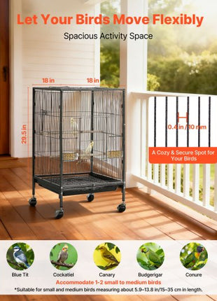 Bird Cage, 18 x 18 x 30 inch, Open Flat Top, Wrought Iron Bird Flight Cage with Perches, Slide-Out Tray and Plastic Feeders, Casters, for Parrot, Blue Tit, Cockatiel, Canary, Budgerigar, Conure