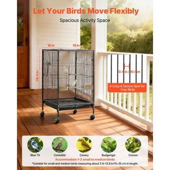 Bird Cage, 18 x 18 x 30 inch, Open Flat Top, Wrought Iron Bird Flight Cage with Perches, Slide-Out Tray and Plastic Feeders, Casters, for Parrot, Blue Tit, Cockatiel, Canary, Budgerigar, Conure