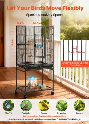 Bird Cage, 24.6 x 16.7 x 53.9 inch, Flat Top, Wrought Iron Bird Flight Cage with Perches, Slide-Out Tray and Plastic Feeders, Casters, for Parrot, Blue Tit, Cockatiel, Canary, Budgerigar, Conure