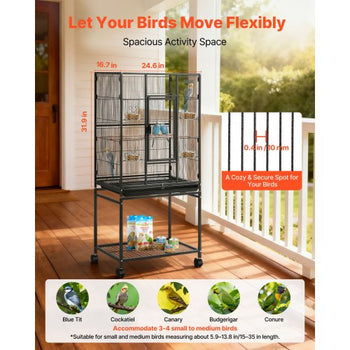 Bird Cage, 24.6 x 16.7 x 53.9 inch, Flat Top, Wrought Iron Bird Flight Cage with Perches, Slide-Out Tray and Plastic Feeders, Casters, for Parrot, Blue Tit, Cockatiel, Canary, Budgerigar, Conure