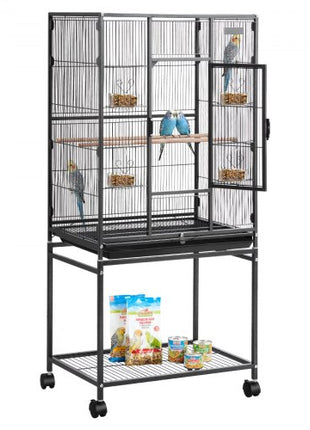 Bird Cage, 24.6 x 16.7 x 53.9 inch, Flat Top, Wrought Iron Bird Flight Cage with Perches, Slide-Out Tray and Plastic Feeders, Casters, for Parrot, Blue Tit, Cockatiel, Canary, Budgerigar, Conure