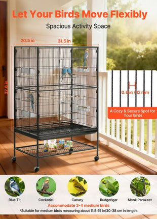 Bird Cage, 31.5 x 20.5 x 52 inch, Flat Top, Wrought Iron Bird Flight Cage with Perches, Slide-Out Tray and Plastic Feeders, Casters, for Parrot, Blue Tit, Cockatiel, Canary, and Monk Parakeet