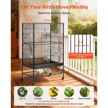 Bird Cage, 31.5 x 20.5 x 52 inch, Flat Top, Wrought Iron Bird Flight Cage with Perches, Slide-Out Tray and Plastic Feeders, Casters, for Parrot, Blue Tit, Cockatiel, Canary, and Monk Parakeet