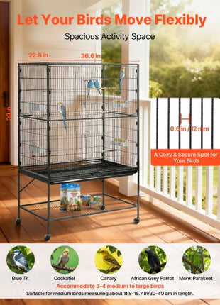 Bird Cage, 36.6 x 22.8 x 59.5 inch, Flat Top, Wrought Iron Bird Flight Cage with Perches, Slide-Out Tray and Plastic Feeders, for Blue Tit, Cockatiel, Canary, Monk Parakeet, African Grey Parrot
