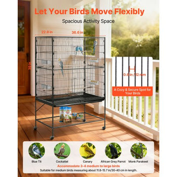 Bird Cage, 36.6 x 22.8 x 59.5 inch, Flat Top, Wrought Iron Bird Flight Cage with Perches, Slide-Out Tray and Plastic Feeders, for Blue Tit, Cockatiel, Canary, Monk Parakeet, African Grey Parrot