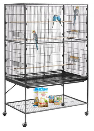 Bird Cage, 36.6 x 22.8 x 59.5 inch, Flat Top, Wrought Iron Bird Flight Cage with Perches, Slide-Out Tray and Plastic Feeders, for Blue Tit, Cockatiel, Canary, Monk Parakeet, African Grey Parrot