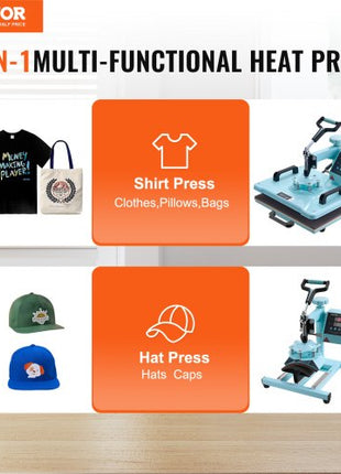 Heat Press Machine, 12 x 15 inch, 2 in 1 Heat Transfer Machine with Hat Press, 360° Swing Away T-Shirt Pressing Machine, Digital Precise Control, Fast Even Heating for T-Shirts/Hats/Caps, Green