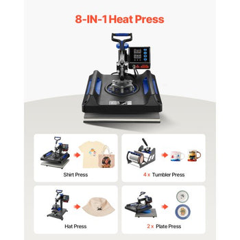 Heat Press Machine 8 in 1 Combo, Heat Press 15x15 in, Swing Away T Shirt Printing Machine Digital Control, Multifunction Transfer Machine Sublimation, for T-Shirt Hat Cap Mug Plate, Blue