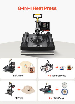 Heat Press Machine 8 in 1 Combo, Heat Press 15x15 in, Swing Away T Shirt Printing Machine Digital Control, Multifunction Transfer Machine Sublimation, for T-Shirt Hat Cap Mug Plate, Black