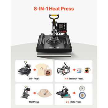 Heat Press Machine 8 in 1 Combo, Heat Press 15x15 in, Swing Away T Shirt Printing Machine Digital Control, Multifunction Transfer Machine Sublimation, for T-Shirt Hat Cap Mug Plate, Black