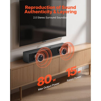 Sound Bar for Smart TV, 2.0 Channel, 24-Inch Compact Soundbar TV Speakers for Projector, Bluetooth AUX Connection, Remote Control, Easy Setup, 80W Surround Sound System for PC Home Theater Audio