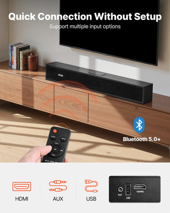 Sound Bar for Smart TV, 2.0 Channel, 24-Inch Compact Soundbar TV Speakers for Projector, Bluetooth AUX Connection, Remote Control, Easy Setup, 80W Surround Sound System for PC Home Theater Audio