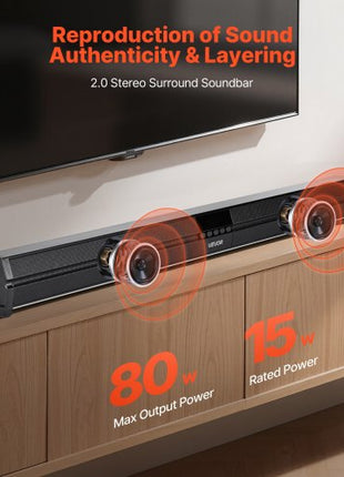 Sound Bar for Smart TV, 2.0 Channel, 32-Inch Compact Soundbar TV Speakers for Projector, Bluetooth AUX Connection, Remote Control, Easy Setup, 80W Surround Sound System for PC Home Theater Audio