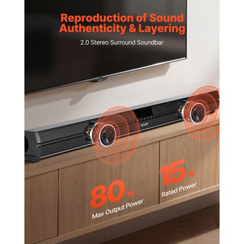 Sound Bar for Smart TV, 2.0 Channel, 32-Inch Compact Soundbar TV Speakers for Projector, Bluetooth AUX Connection, Remote Control, Easy Setup, 80W Surround Sound System for PC Home Theater Audio
