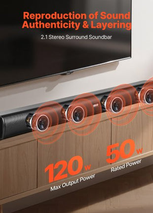 Sound Bar for Smart TV, 2.1 Channel, 35-Inch Compact Soundbar TV Speakers with Built-In Subwoofer for Projector, Bluetooth AUX Connection, Easy Setup, 120W Surround Sound System for Home Audio