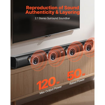 Sound Bar for Smart TV, 2.1 Channel, 35-Inch Compact Soundbar TV Speakers with Built-In Subwoofer for Projector, Bluetooth AUX Connection, Easy Setup, 120W Surround Sound System for Home Audio
