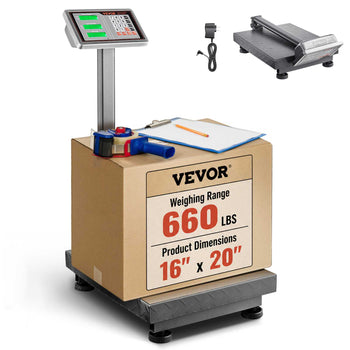 Vevor shipping scale, 660 lbs capacity, 16"x20" platform, sturdy metal design, digital display, and power adapter included.