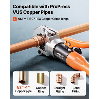 Copper Pipe Crimping Tool, Hydraulic Driven Press Tool with 1/2" 3/4" 1" Jaws for VUS Type Copper Tube & 3/8", 1/2", 5/8", 3/4", 1" Jaws for ASTM F1807 PEX Pipe Copper Ring - with Carrying Case