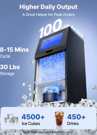 Commercial Ice Maker Machine, 100 lbs/24h with 30 lbs Storage Capacity, Built-in/Freestanding/Under Counter, Stainless Steel Ice Maker with LED Display & Self-Cleaning, for Home Bar Restaurant