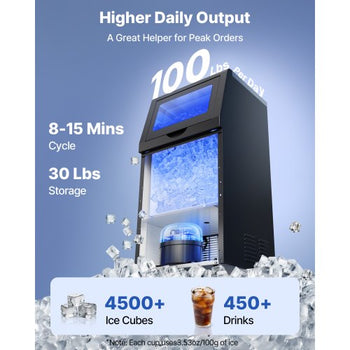 Commercial Ice Maker Machine, 100 lbs/24h with 30 lbs Storage Capacity, Built-in/Freestanding/Under Counter, Stainless Steel Ice Maker with LED Display & Self-Cleaning, for Home Bar Restaurant