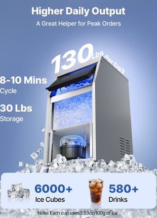 Commercial Ice Maker Machine, 130 lbs/24h with 30 lbs Storage Capacity, Built-in/Freestanding/Under Counter, Stainless Steel Ice Maker with LED Display & Self-Cleaning, for Home Bar Restaurant