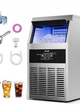 Commercial Ice Maker Machine, 130 lbs/24h with 30 lbs Storage Capacity, Built-in/Freestanding/Under Counter, Stainless Steel Ice Maker with LED Display & Self-Cleaning, for Home Bar Restaurant