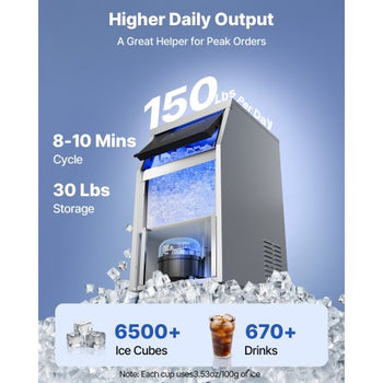 Commercial Ice Maker Machine, 150 lbs/24h with 30 lbs Storage Capacity, Built-in/Freestanding/Under Counter, Stainless Steel Ice Maker with LED Display & Self-Cleaning, for Home Bar Restaurant