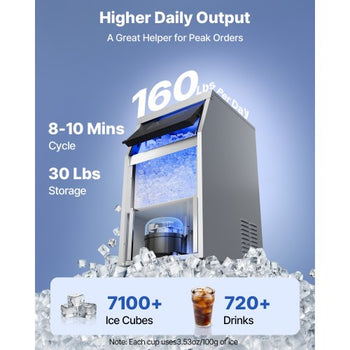 Commercial Ice Maker Machine, 160 lbs/24h with 30 lbs Storage Capacity, Built-in/Freestanding/Under Counter, Stainless Steel Ice Maker with LED Display & Self-Cleaning, for Home Bar Restaurant