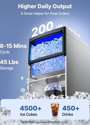 Commercial Ice Maker Machine, 200 lbs/24h with 50 lbs Storage Capacity, Built-in/Freestanding/Under Counter, Stainless Steel Ice Maker with LED Display & Self-Cleaning, for Home Bar Restaurant