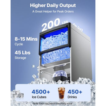 Commercial Ice Maker Machine, 200 lbs/24h with 50 lbs Storage Capacity, Built-in/Freestanding/Under Counter, Stainless Steel Ice Maker with LED Display & Self-Cleaning, for Home Bar Restaurant