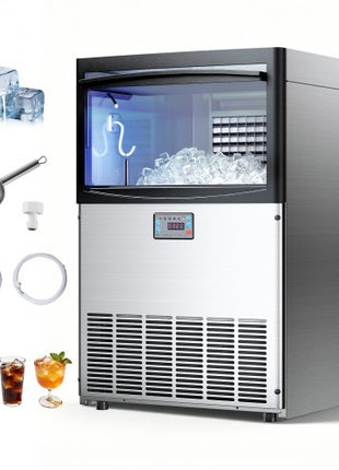 Commercial Ice Maker Machine, 200 lbs/24h with 50 lbs Storage Capacity, Built-in/Freestanding/Under Counter, Stainless Steel Ice Maker with LED Display & Self-Cleaning, for Home Bar Restaurant