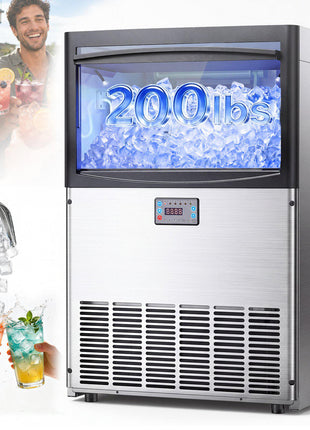 Commercial Ice Maker Machine, 200 lbs/24h with 50 lbs Storage Capacity, Built-in/Freestanding/Under Counter, Stainless Steel Ice Maker with LED Display & Self-Cleaning, for Home Bar Restaurant