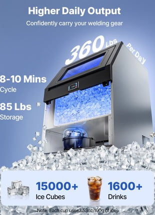 Commercial Ice Maker Machine, 360 lbs/24h with 85 lbs Storage Capacity, Built-in/Freestanding/Under Counter, Stainless Steel Ice Maker with LED Display & Self-Cleaning, for Home Bar Restaurant