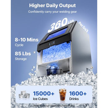 Commercial Ice Maker Machine, 360 lbs/24h with 85 lbs Storage Capacity, Built-in/Freestanding/Under Counter, Stainless Steel Ice Maker with LED Display & Self-Cleaning, for Home Bar Restaurant