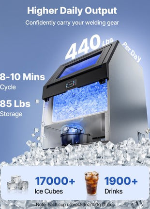 Commercial Ice Maker Machine, 440 lbs/24h with 85 lbs Storage Capacity, Built-in/Freestanding/Under Counter, Stainless Steel Ice Maker with LED Display & Self-Cleaning, for Home Bar Restaurant