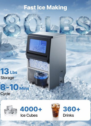 Commercial Ice Maker Machine, 80 lbs/24h with 13 lbs Storage Capacity, Countertop/Freestanding/Under Counter, Stainless Steel Ice Maker with LED Display & Self-Cleaning, for Home Bar Restaurant