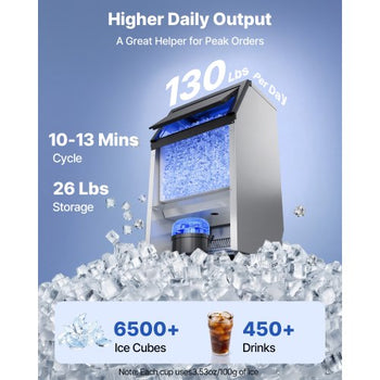 Commercial Ice Maker Machine, 100 lbs/24h with 26 lbs Storage Capacity, Built-in/Freestanding/Under Counter, Stainless Steel Ice Maker with LED Display & Self-Cleaning, for Home Bar Restaurant