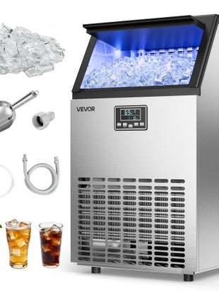 Commercial Ice Maker Machine, 100 lbs/24h with 26 lbs Storage Capacity, Built-in/Freestanding/Under Counter, Stainless Steel Ice Maker with LED Display & Self-Cleaning, for Home Bar Restaurant