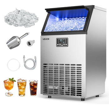 Commercial Ice Maker Machine, 100 lbs/24h with 26 lbs Storage Capacity, Built-in/Freestanding/Under Counter, Stainless Steel Ice Maker with LED Display & Self-Cleaning, for Home Bar Restaurant