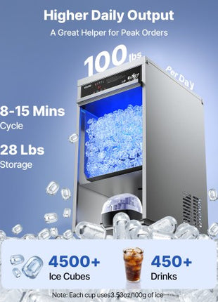 Commercial Ice Maker Machine, 100 lbs/24h with 30-35 lbs Storage, Built-in/Freestanding/Under Counter, Stainless Steel Ice Maker with LED Display & Self-Cleaning, for Home Bar Restaurant