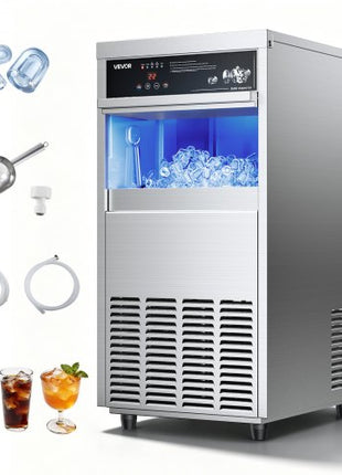 Commercial Ice Maker Machine, 100 lbs/24h with 30-35 lbs Storage, Built-in/Freestanding/Under Counter, Stainless Steel Ice Maker with LED Display & Self-Cleaning, for Home Bar Restaurant
